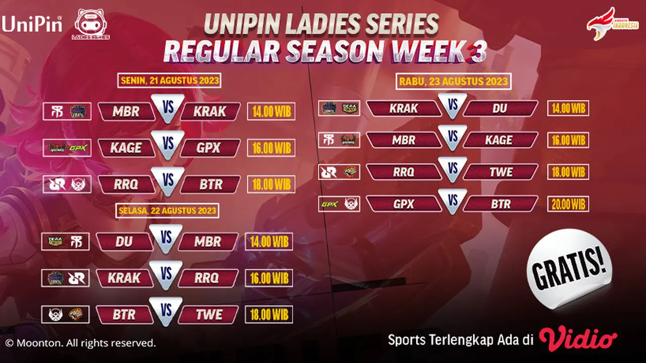 Tonton Live Streaming MLBB UniPin Ladies Series Week 3, 21-23 Agustus 2023 GRATIS di Vidio!