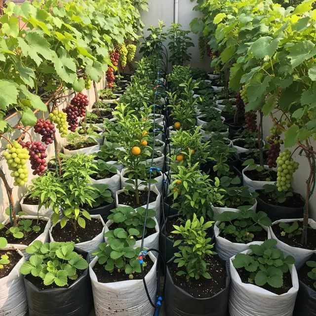 Kebun Buah di Polybag dengan Sistem Irigasi Sederhana untuk Lahan Terbatas (Image by Gemini AI)