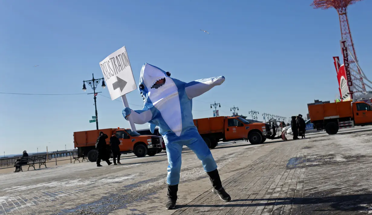 Seseorang dengan kostum hiu mengarahkan perenang Polar Bear Club di Coney Island, New York (1/1). Dalam acara tersebut, para peserta diwajibkan untuk berenang di air yang dingin. (Yana Paskova/Getty Images/AFP)