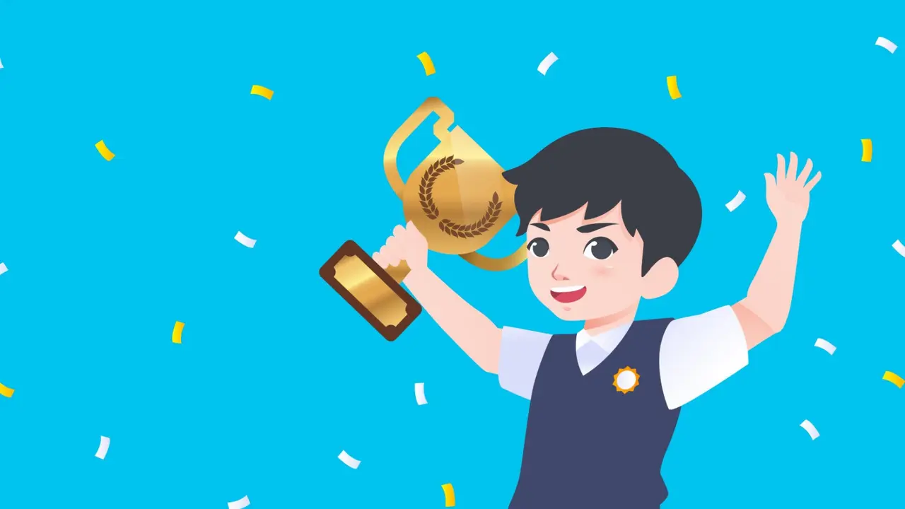 Ilustrasi juara, pemenang, trofi, peringkat, pelajar, siswa, murid