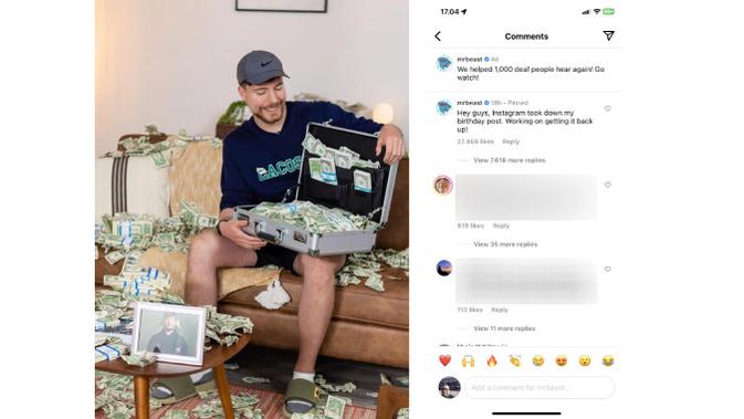 <p>Ini Alasan Postingan Bagi-Bagi Uang MrBeast Senilai Rp 737 Juta Raib dari Instagram. (Doc: Instagram | MrBeast)</p>