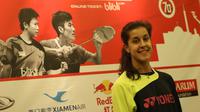 Pebulutangkis tunggal putri Spanyol, Carolina Marin, saat hadir dalam konferensi pers jelang Kejuaraan Dunia Bulutangkis 2015 di Hotel Sultan, Jakarta. Minggu (9/8/2015). (Bola.com/Arief Bagus)