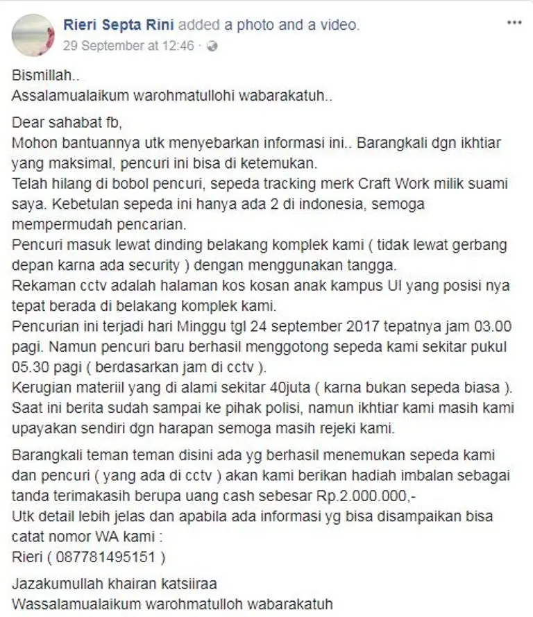 Curhat Soal Sepeda Hilang, Wanita Ini Kok Malah Dibully Netizen? (Foto: Facebook)