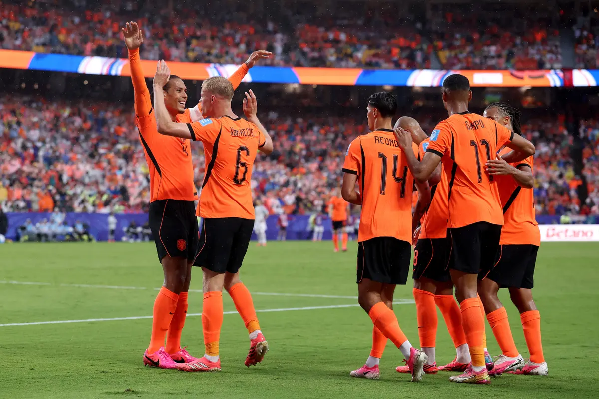 Selebrasi Belanda saat menekuk Tunisia 3-1 di Piala Dunia 2026
