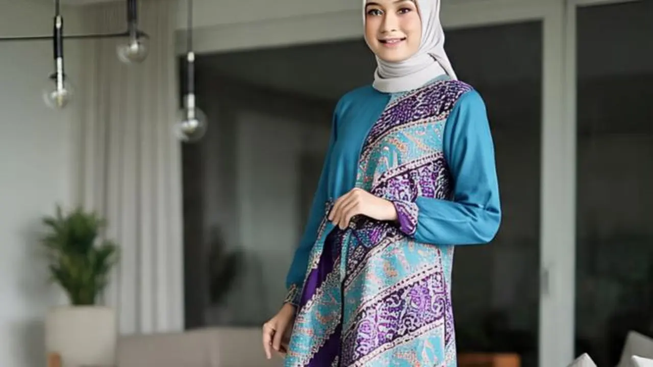 Ilustrasi Model Gamis Batik Lengan Polos Untuk Pesta Pernikahan (Sumber Gambar: Meta AI)