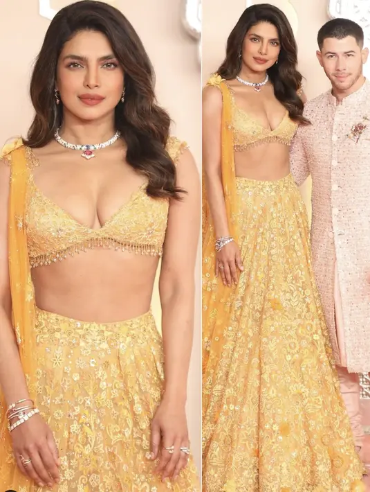 Kali ini keduanya terlihat glamor dengan baju full payet. [Foto: Instagram/ Priyanka Chopra]