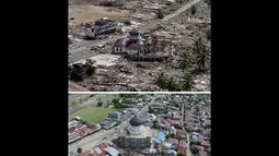 File foto (atas) diambil pada 2 Januari 2005 menggambarkan sebuah masjid yang rusak di Teunom, Kabupaten Aceh Jaya. Foto di lokasi yang sama diambil pada 29 November 2014. (AFP PHOTO/CHOO Youn-KONG-atas, AFP PHOTO/Chaideer Mahyuddin-bawah)