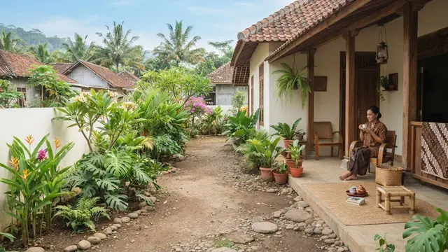 Desain rumah kampung dengan taman kecil di samping yang jadi definisi hunian slow living model taman samping terbuka