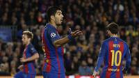 Striker Barcelona Luis Suarez dalam laga kontra Juventus pada leg kedua perempat final Liga Champions di Camp Nou, Kamis (20/4/2017). Barcelona tersingkir karena kalah agregat 0-3. (AP Photo/Emilio Morenatti)