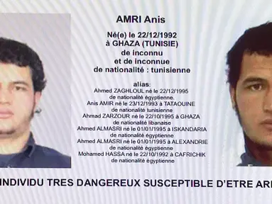 Salinan surat perintah penangkapan seorang pria warga Tunisia, terduga pelaku penyerangan truk di sebuah pasar Natal di Berlin, yang teridentifikasi bernama Anis Amri pada 19 Desember 2016 lalu. (Handout/POLICE JUDICIAIRE/AFP)