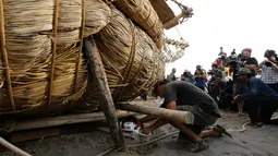 Seorang kru memperbaiki perahu Viracocha III yang rusak sebelum berlayar kembali ke laut lepas di Pantai Chinchorro di kota Arica, Chili (5/2). Perahu yang terbuat dengan cara tradisional ini akan berlayar ke Australia. (AFP Photo/Ignacio Munoz)