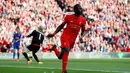 Ekspresi pemain Liverpool, Sadio Mane, setelah mencetak gol kedua ke gawang Leicester City dalam laga Premier League di Stadion Anfield, Sabtu (10/9/2016). (Action Images via Reuters/Lee Smith)