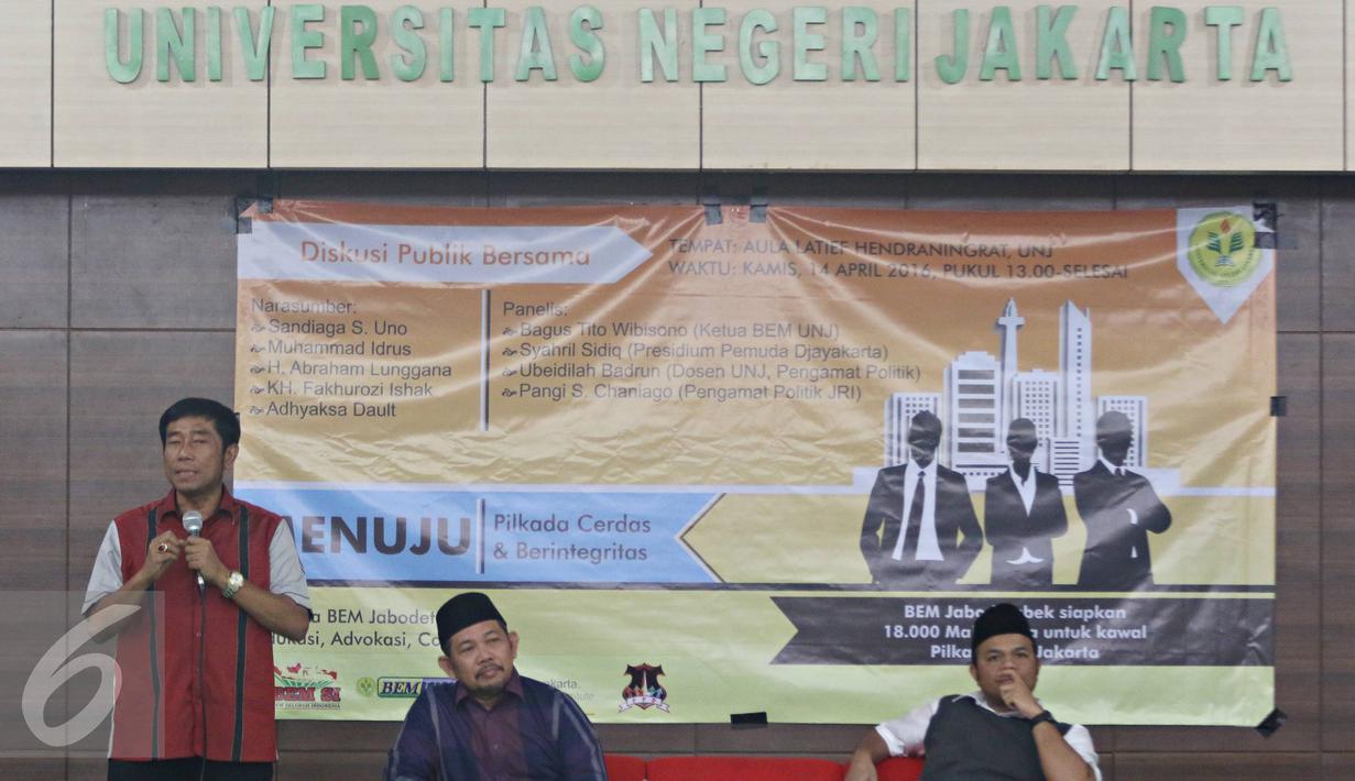 Haji Lulung menjadi narasumber diskusi bertajuk 'Menuju Pilkada Cerdas dan Berintegritas' di UNJ, Kamis (14/4/2016). Diskusi membahas masalah dan solusi untuk Jakarta bagi Cagub di Pilgub 2017 mendatang. (Liputan6.com/Immanuel Antonius)