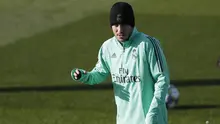 Gelandang Real Madrid, Eden Hazard mengikuti sesi latihan di tempat latihan tim Valdebebas di Madrid, Spanyol (25/11/2019). Real Madrid akan bertanding melawan wakil Prancis, PSG pada Grup A Liga Champions di Santiago Bernabeu. (AP Photo/Manu Fernandez)