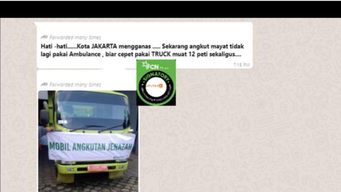Cek Fakta Liputan6.com menelusuri klaim jenzah Covid-19 Jakarta diangkut truk tak lagi pakai ambulans