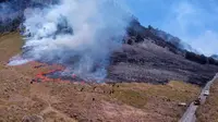 Petugas gabungan berusaha memadamkan api di savana Taman Nasional Bromo Tengger Semeru pada Rabu, 30 Agustus 2023 (Foto : BB TNBTS)