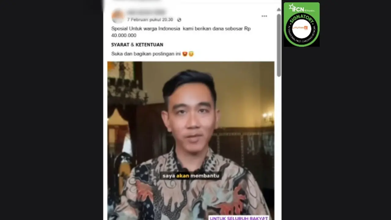 Cek Fakta Liputan6.com mendapati klaim video Wapres Gibran Rakabuming Raka mengumumkan memberikan bantuan dana sebesar Rp 40 juta. (Foto: Tangkapan layar Facebook).