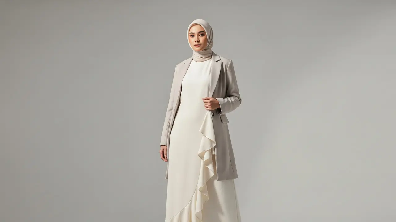Model Gamis Ruffle Minimalis dengan Blazer Panjang