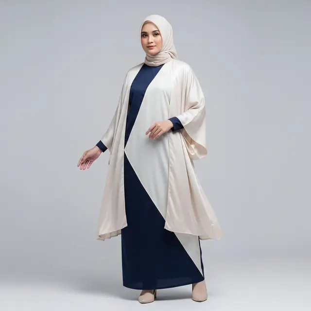 Gamis Dua Warna dengan Cardigan Kimono
