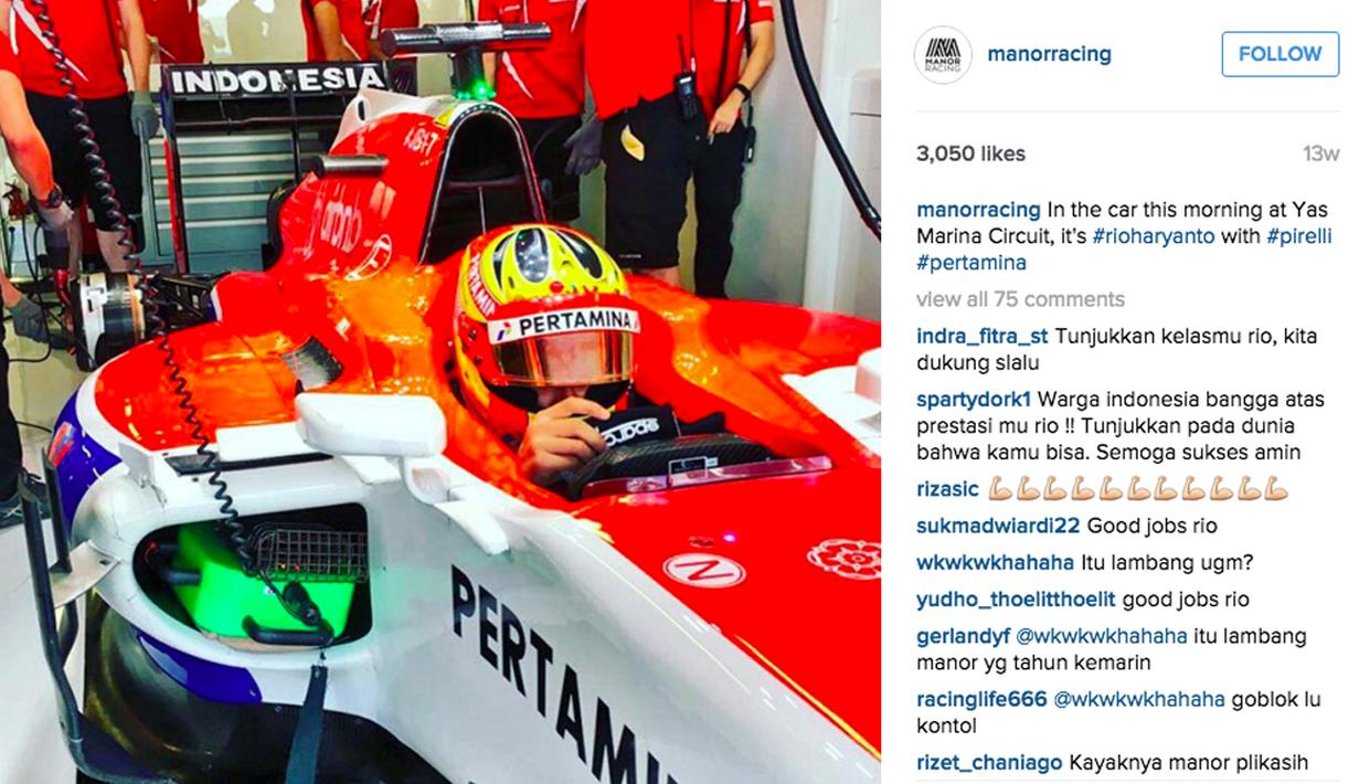 Rio Haryanto mendapat likes terendah adalah 3,050 saat melakukan tes ban Pirelli di Sirkuit Yas Marina. (Bola.com/Manorracing/Instagram)