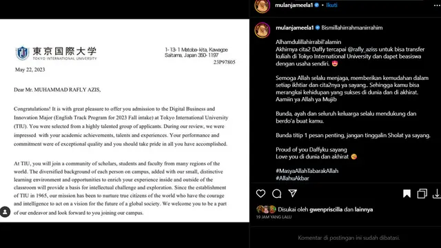 Mulan Jameela Bagikan Kebahagiaan atas Kesuksesan Putranya Diterima Kuliah dan Dapat Beasiswa di Tokyo Jepang