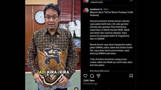 Menteri Keuangan Purbaya Yudhi Sadewa memamerkan sebuah kemeja batik baru buatan UMKM. (Foto: instagram menkeuri)