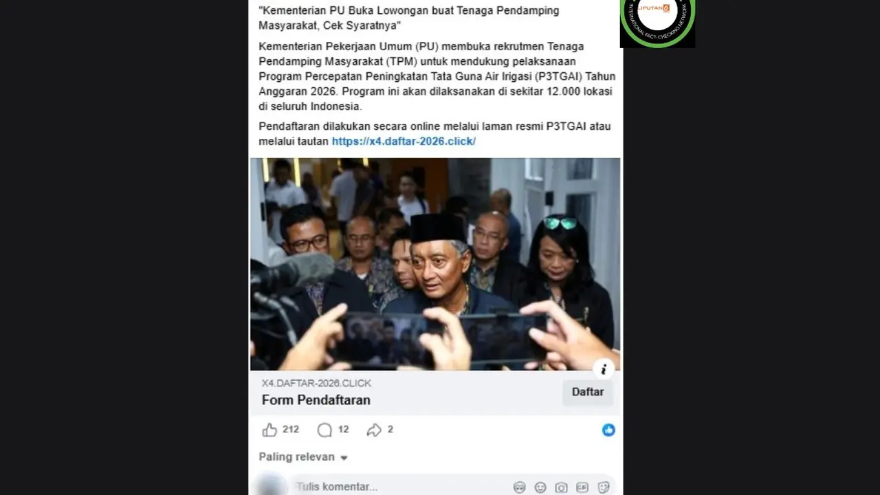 Cek Fakta Liputan6.com mendapati klaim link pendaftaran rekrutmen Tenaga Pendamping Masyarakat (TPM) di Kementerian Pekerjaan Umum.