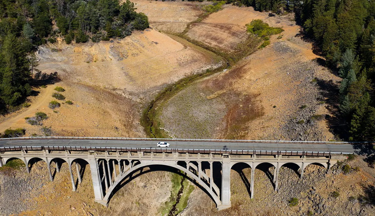 Danau Shasta saat ini memiliki kapasitas air yang menyusut hingga 32% karena kondisi kekeringan yang terus berlanjut di seluruh barat. (JOSH EDELSON / AFP)