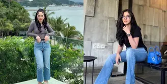 Happy Asmara memadukan celana jeans-nya dengan long sleeve top dan belt, sementara Bella Bonita memilih t-shirt sebagai padanan celana cutbray-nya.