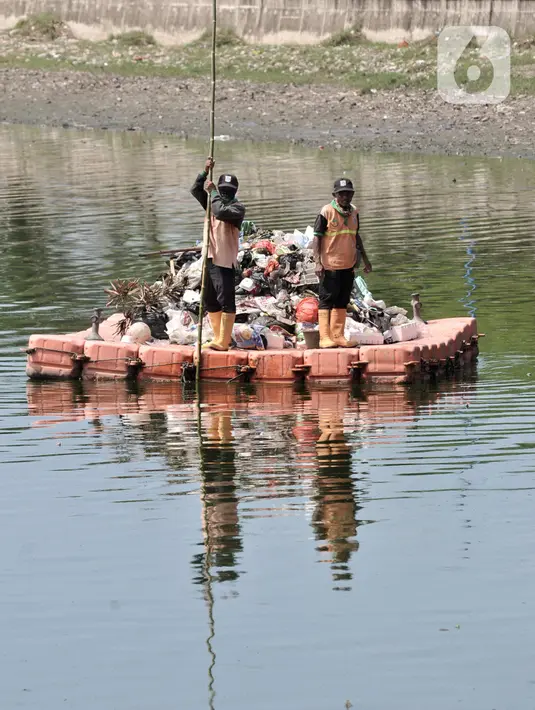 Petugas UPK Badan Air Dinas Lingkungan Hidup Provinsi DKI Jakarta membersihkan sampah di Danau Cincin, Papanggo, Jakarta Utara, Selasa (28/1/2020). Pembersihan sampah yang berasal dari pemukiman sekitar tersebut rutin dilakukan guna menjaga danau tetap bersih dan nyaman. (merdeka.com/Iqbal Nugroho)