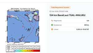 Gempa hari ini saat akhir pekan, Sabtu (3/1/2026) menggetarkan dini hari tadi pukul 01:29:57 WIB di Tual, Provinsi Maluku. (www.bmkg.go.id)