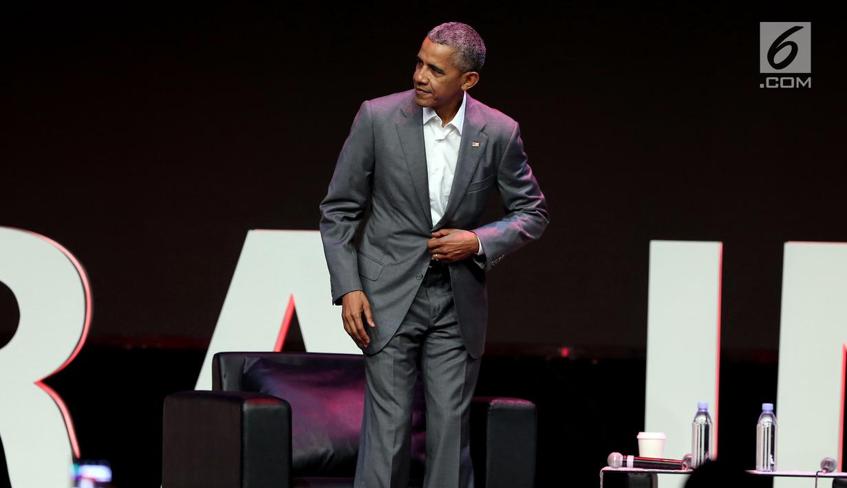 Presiden AS ke-44, Barack Obama saat menjadi pembicara dalam acara 4th Congress of Indonesian Diaspora di Kota Kasablanka, Jakarta, Sabtu (1/7). (Liputan6.com/Johan Tallo)