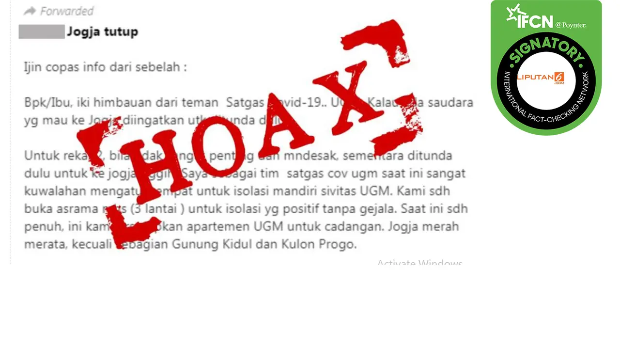 Tangkapan layar pesan berantai soal Yogyakarta tutup