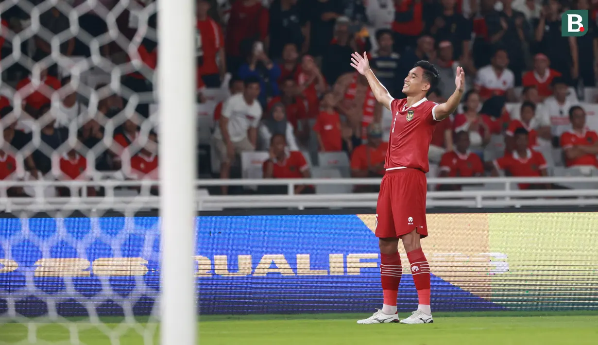 <p>Selebrasi pemain Timnas Indonesia, Rizky Ridho setelah mencetak gol kedua ke gawang Brunei Darussalam pada laga putaran pertama Kualifikasi Piala Dunia 2026 Zona Asia di Stadion Utama Gelora Bung Karno (SUGBK), Kamis (12/10/2023) malam WIB. (Bola.com/M Iqbal Ichsan)</p>