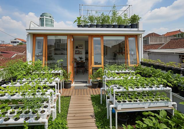 Konsep Berkebun Produktif di Atap/Rumah Compact dengan Atap Tanaman Hijau Anti Panas dan Bocor (Sumber: gemini.com)