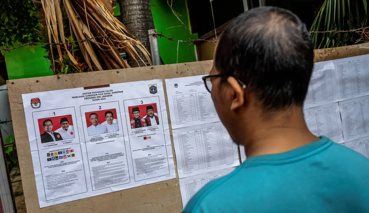 Pemilihan Kepala Daerah (Pilkada) Serentak 2024 berlangsung di 545 daerah meliputi 37 Provinsi, 415 Kabupaten, dan 93 Kota. Tampak dalam foto, seorang pemilih mengamati tiga pasangan calon kepala daerah sebelum memberikan suaranya dalam pilkada serentak di Jakarta pada 27 November 2024. (BAY ISMOYO/AFP)