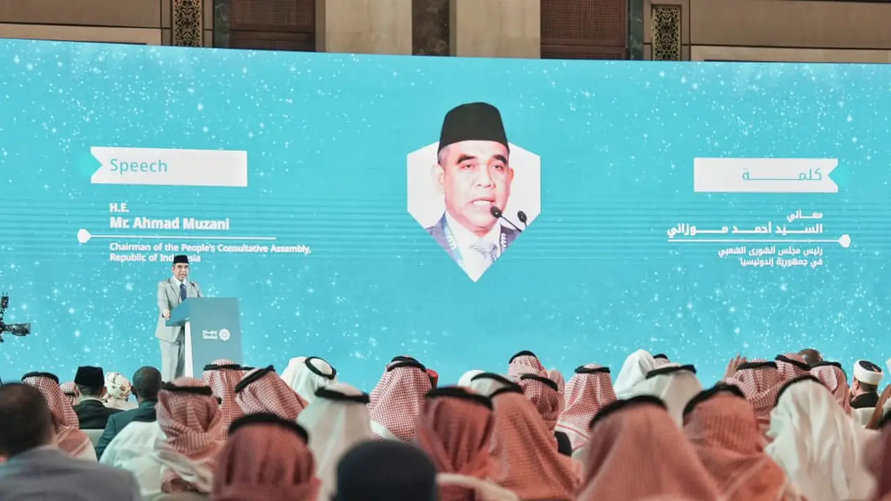 Ketua MPR RI Ahmad Muzani saat berbicara di acara Liga Muslim Dunia di Makkah, Arab Saudi.