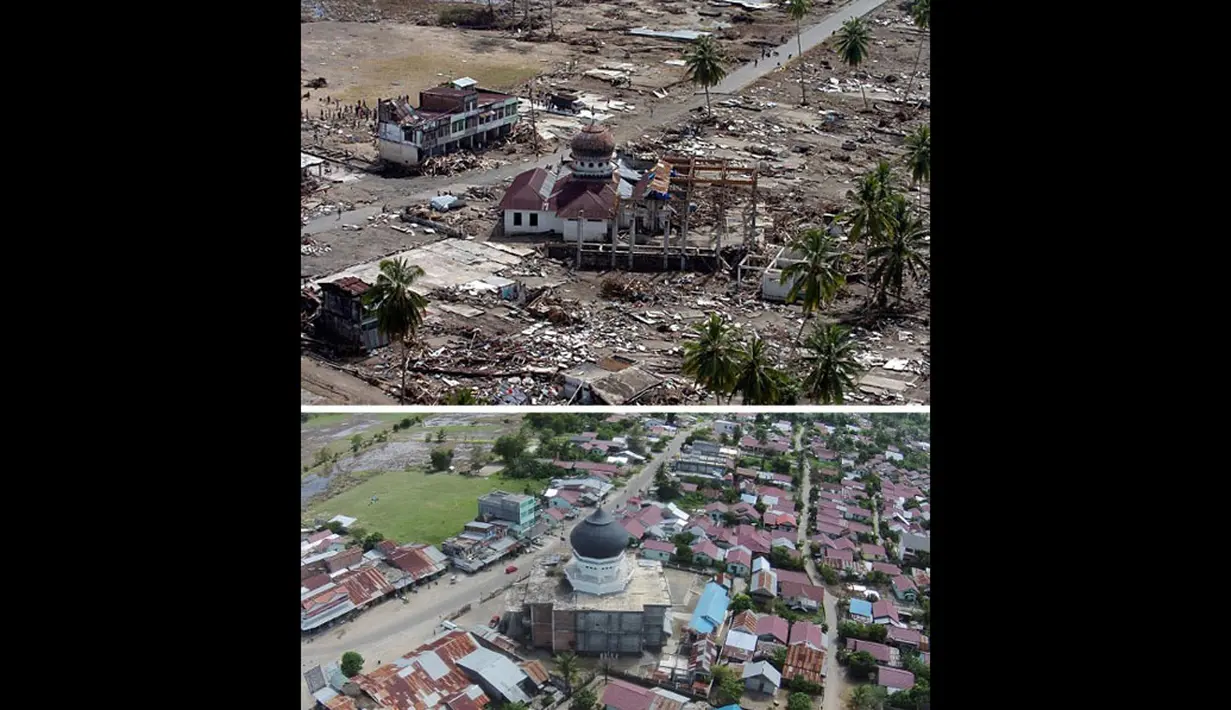 File foto (atas) diambil pada 2 Januari 2005 menggambarkan sebuah masjid yang rusak di Teunom, Kabupaten Aceh Jaya. Foto di lokasi yang sama diambil pada 29 November 2014. (AFP PHOTO/CHOO Youn-KONG-atas, AFP PHOTO/Chaideer Mahyuddin-bawah)