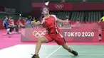Tunggal putri Indonesia Gregoria Mariska Tunjung bertanding melawan pebulu tangkis Thet Htar Thuzar pada laga perdana cabang bulu tangkis Grup M Olimpiade Tokyo 2020 di Musashino Forest Plaza, Minggu (25/7/2021). Gregoria Mariska menang 21-11 dan 21-8 dalam waktu 27 menit (AP Photo/Markus Schreiber)