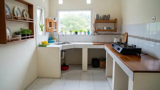 Inspirasi Dapur dengan Bak Cuci Piring Sudut yang Hemat Ruang dan Tidak Becek Model Rak Atas di Area Sudut