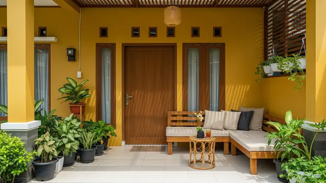 Teras rumah warna cat Kuning Mustard (Gemini AI)