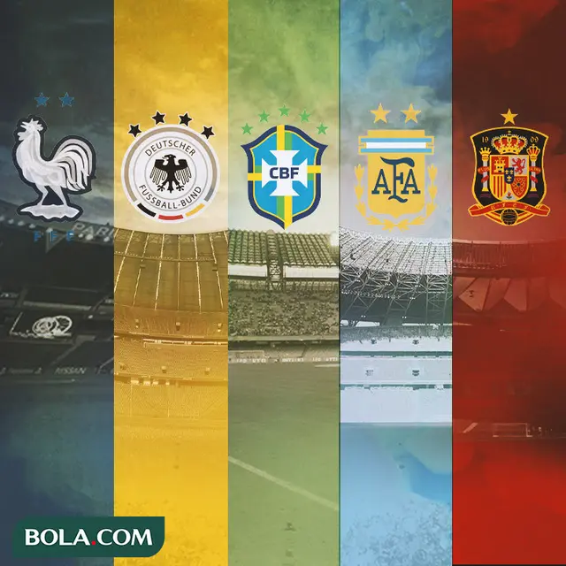 Ilustrasi - Logo Timnas Prancis, Jerman, Brasil, Argentina, dan Spanyol
