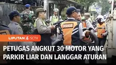 Petugas gabungan menggelar razia parkir liar kendaraan yang merupakan bagian dari Operasi Patuh Jaya 2024. Puluhan sepeda motor terjaring razia di depan rumah sakit di Kalideres, Jakarta Barat.