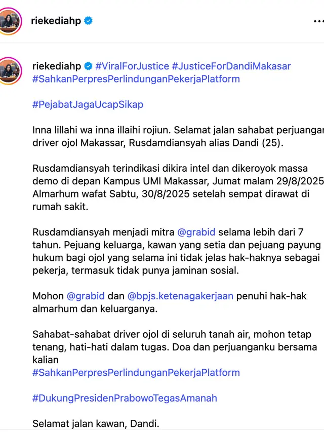 Pernyataan sikap dari Rieke Diah Pitaloka untuk Rusdamdiansyah. (Foto: Dok. Instagram @riekediahp)