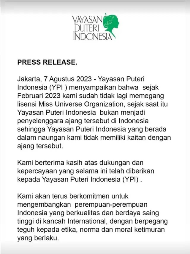 Klarifikasi tertulis Yayasan Puteri Indonesia terkait lisensi Miss Universe. (Foto: Dok. Instagram @officialputeriindonesia)