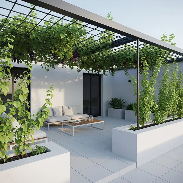 Model Teras Rumah dengan Tanaman Anggur Merambat di Tembok (Image by Gemini AI)