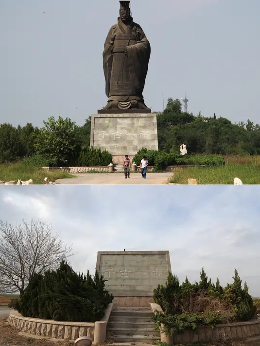 Kombinasi gambar pada 7 September 2015 terlihat patung raksasa kaisar pertama China, Qin Shi Huang (atas) dan gambar pada 9 April 2018 menunjukkan landasan penyangga kosong setelah patung itu roboh karena angin di Provinsi Shandong. (AFP PHOTO/China OUT)