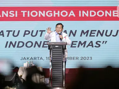 Calon presiden nomor urut 2 Prabowo Subianto menghadiri Silaturahmi dan Gala Dinner Aliansi Tionghoa Indonesia “Satu Putaran Menuju Indonesia Emas” di Jakarta, Selasa (19/12/2023). (Liputan6.com/Faizal Fanani)