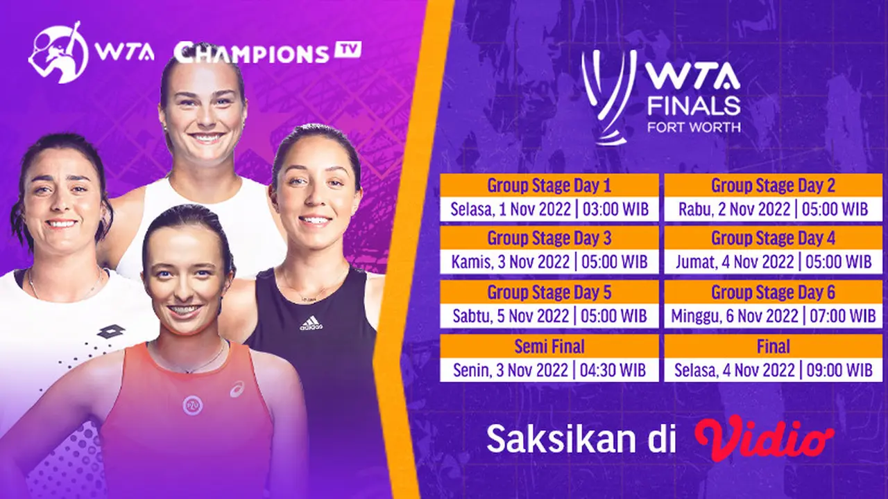 Nonton Link Live Streaming WTA Finals Forth Worth di Vidio 1-6 November : Banyak Pemain Kelas Dunia