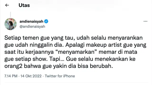 Unggahan Andien. (Foto: Dok. Twitter @andienaisyah)